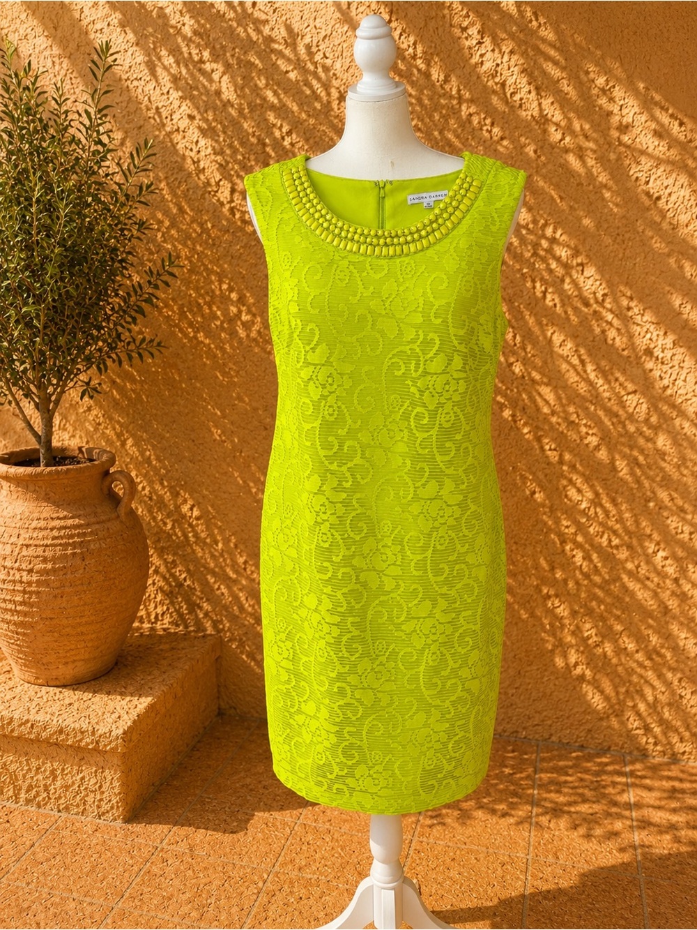 Sandra Darren Neon Lime Lace Sheath Dress with Beaded Collar